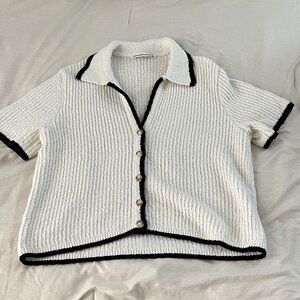 Abercrombie & Fitch Cream Knit Short-Sleeve Cardigan with Black Trim